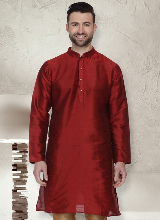 Embroidered Art Dupion Silk Maroon Kurta - M1313