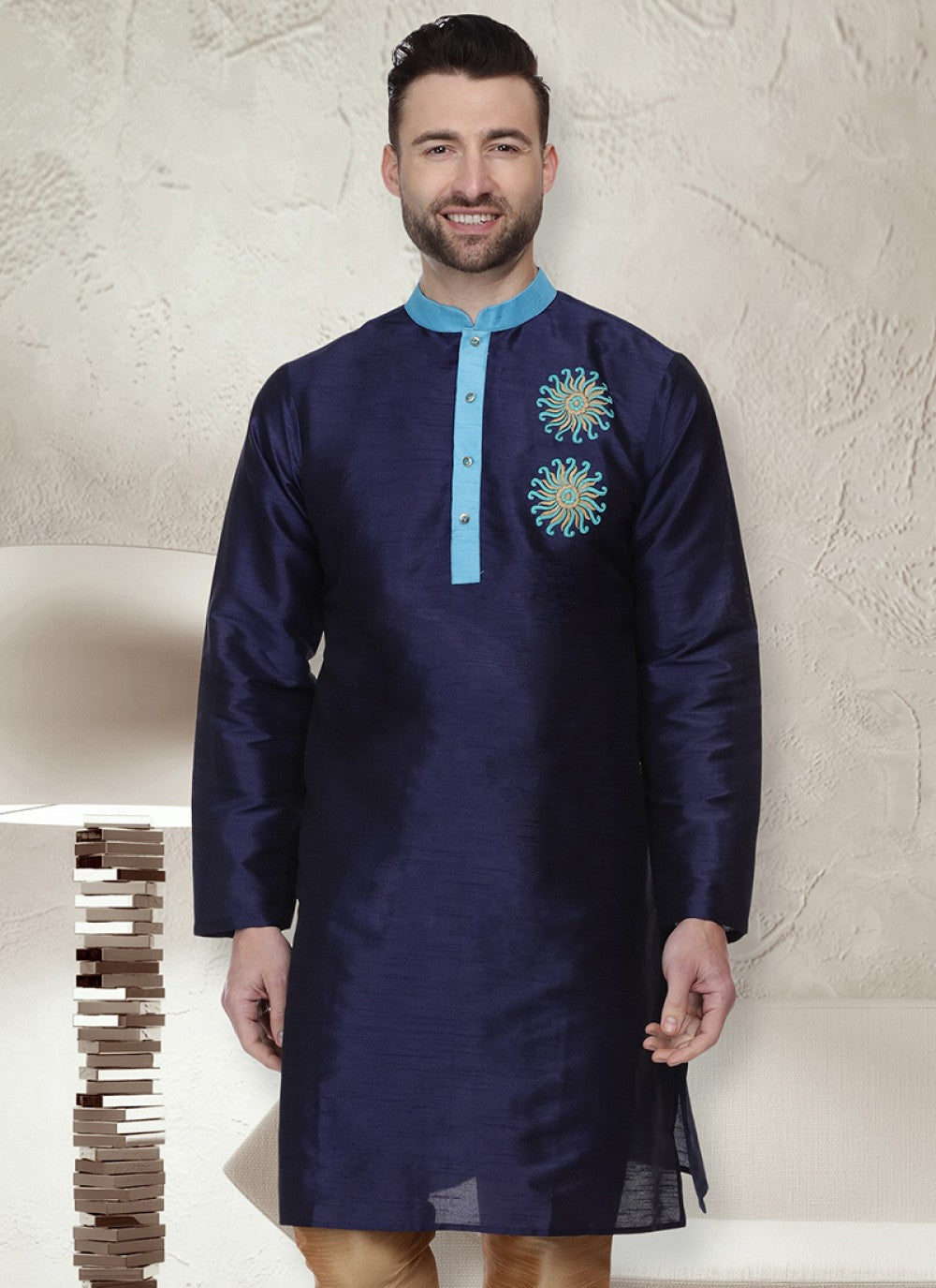 Embroidered Art Dupion Silk Navy Blue Kurta - M1308