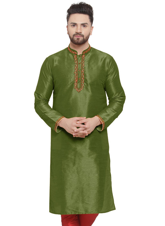 Embroidered Dupion Silk Green Kurta - M7325