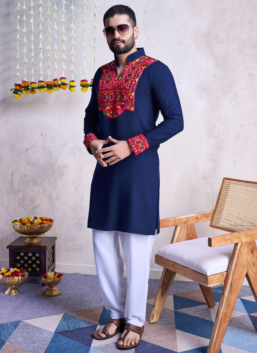 Fancy Work Rayon Navy Blue Kurta - M8536