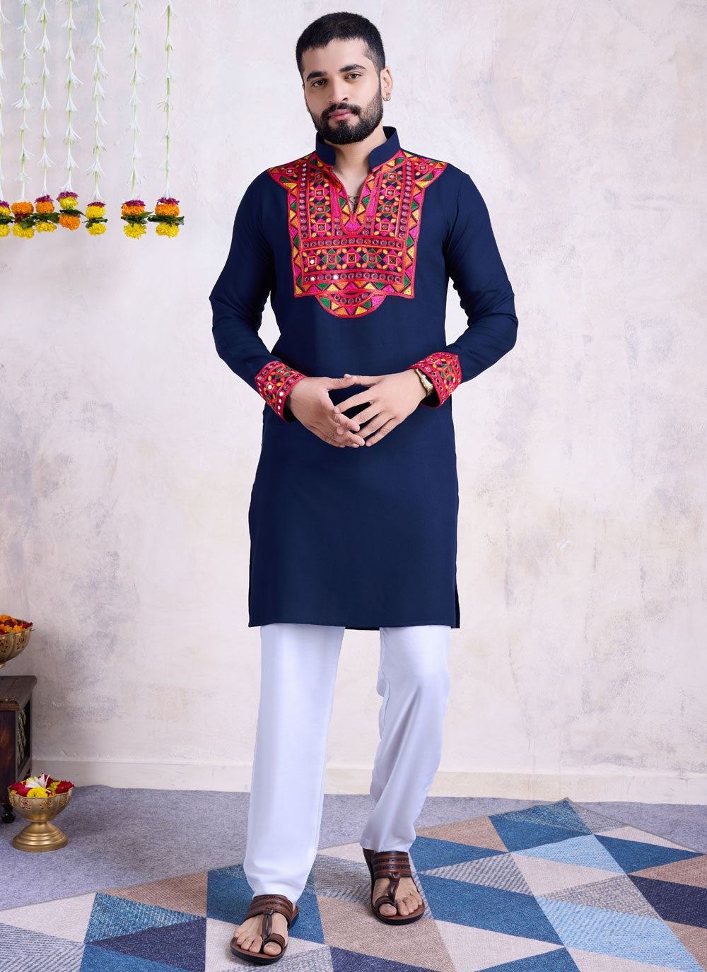 Fancy Work Rayon Navy Blue Kurta - M8536