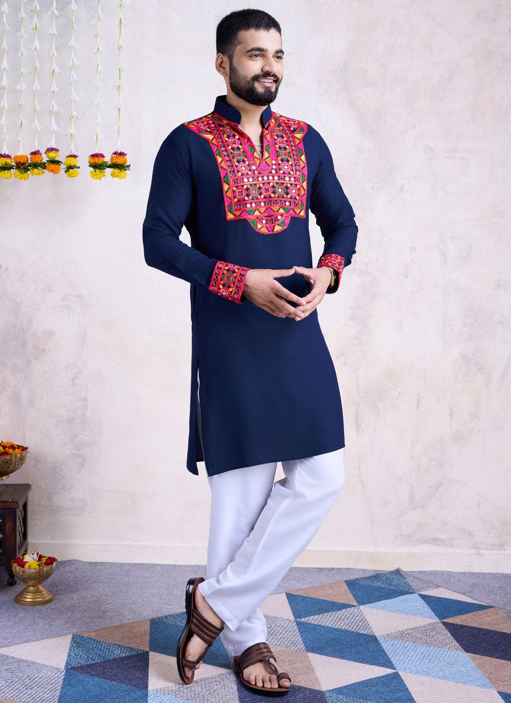 Fancy Work Rayon Navy Blue Kurta - M8536