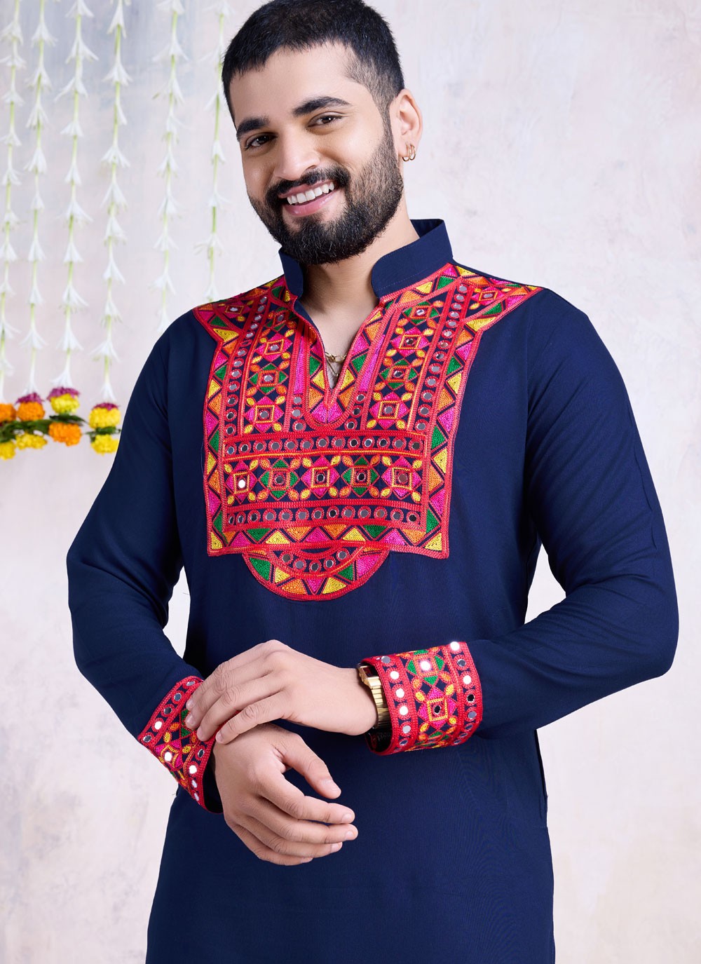 Fancy Work Rayon Navy Blue Kurta - M8536