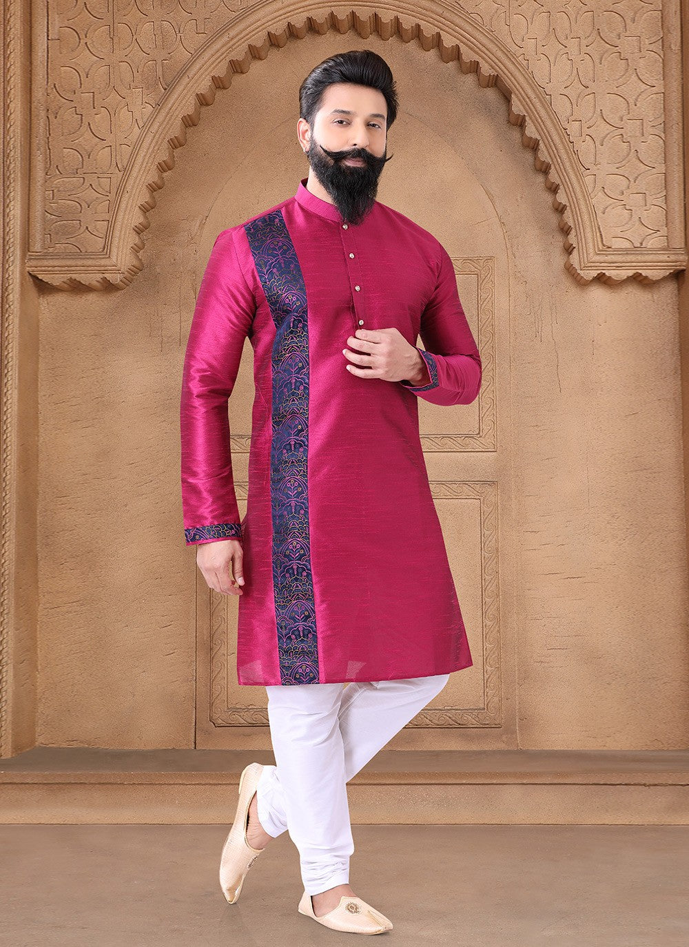 Fancy Work Silk Hot Pink Kurta - M7663