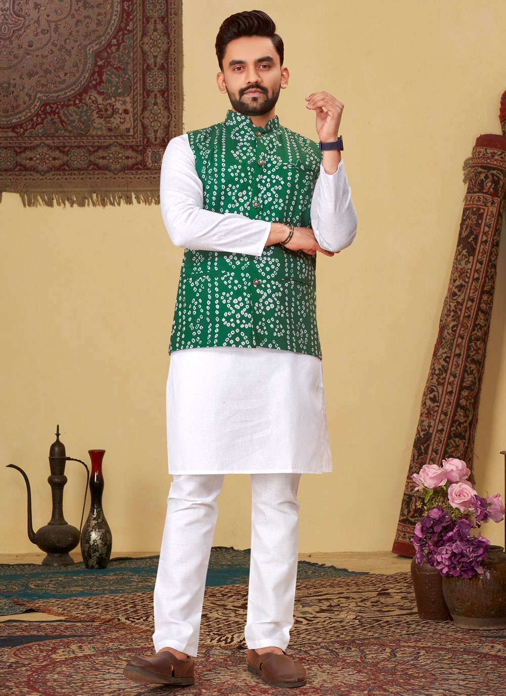 Bandhej Cotton Green, White Kurta Payjama With Jacket - M7779