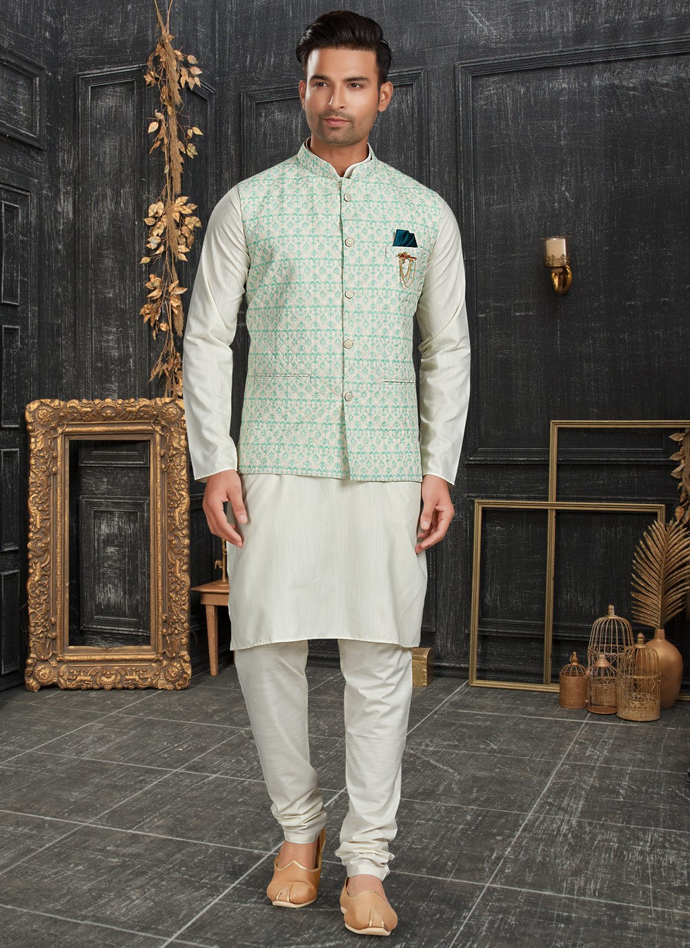 Chicken Cotton Multi Colour, Off White Kurta Payjama With Jacket - M4626