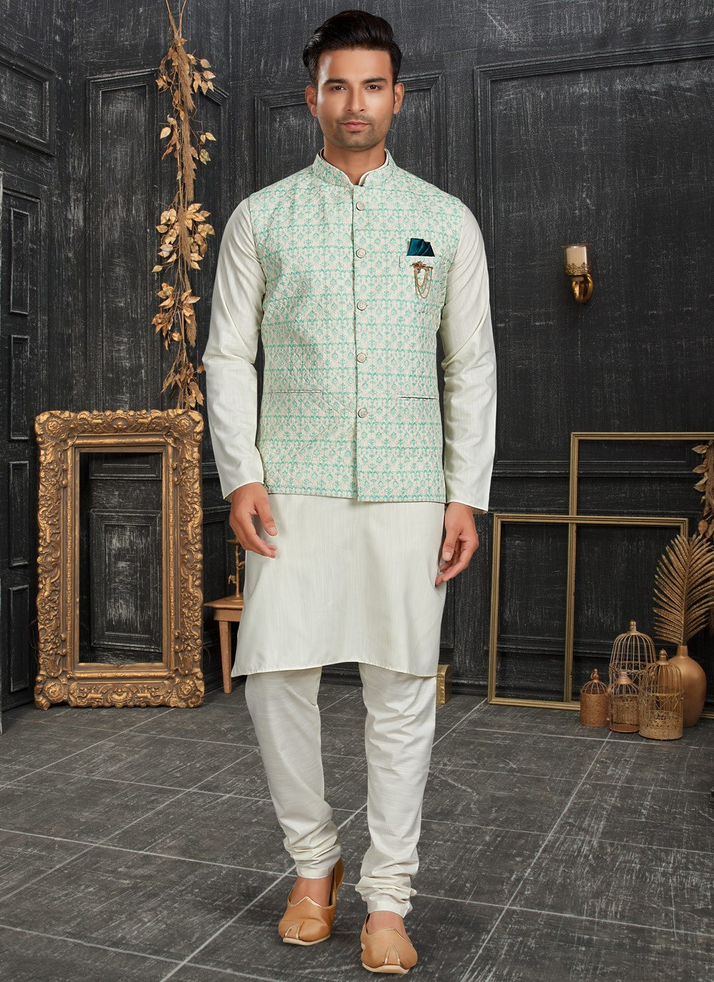 Chicken Cotton Multi Colour, Off White Kurta Payjama With Jacket - M4626