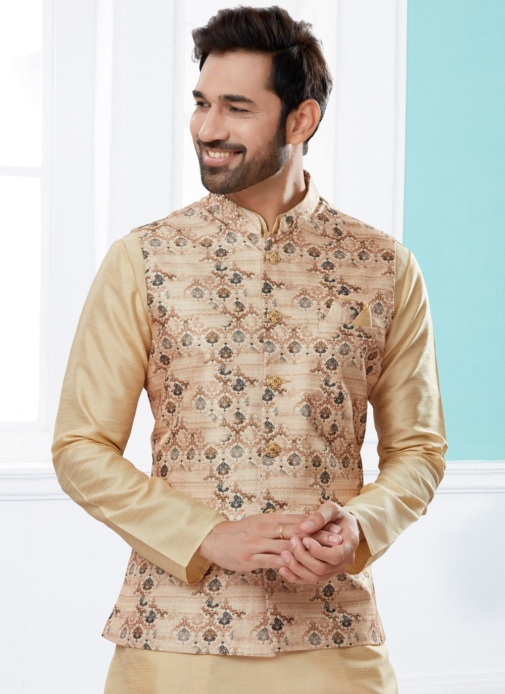 Digital Print Dupion Silk, Jacquard Beige Kurta Payjama With Jacket - M4026