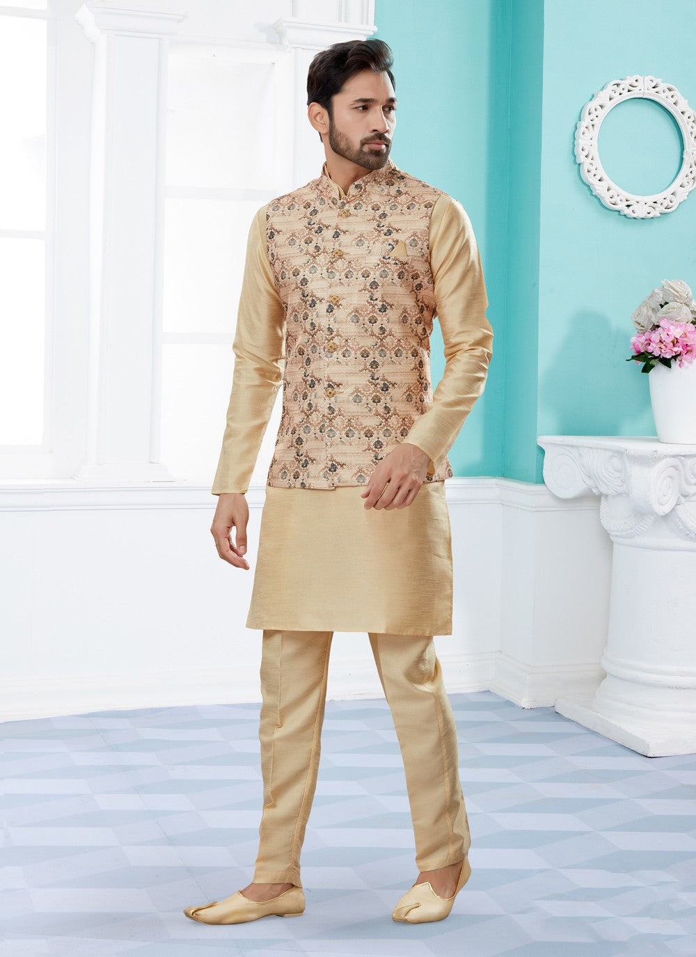 Digital Print Dupion Silk, Jacquard Beige Kurta Payjama With Jacket - M4026