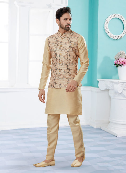 Digital Print Dupion Silk, Jacquard Beige Kurta Payjama With Jacket - M4026