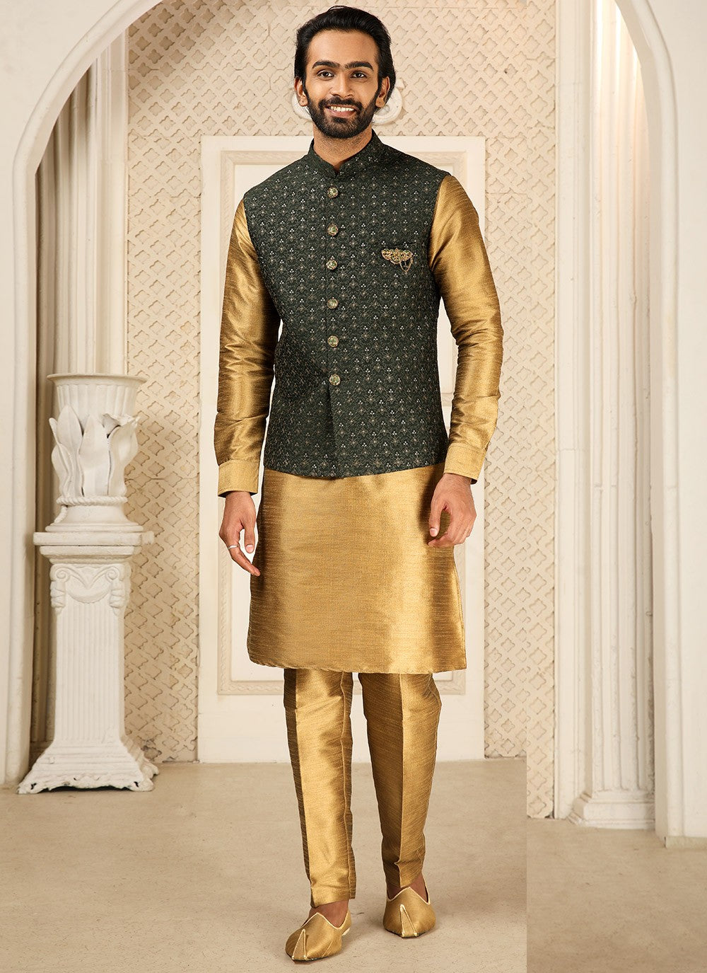 Embroidered Banarasi Silk Beige, Green Kurta Payjama With Jacket - M4268