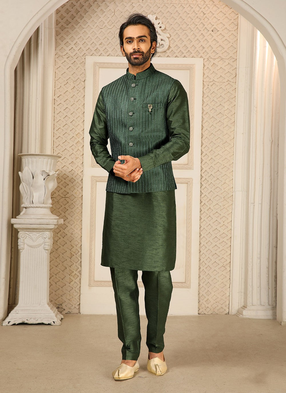 Embroidered Banarasi Silk Green Kurta Payjama With Jacket - M4263