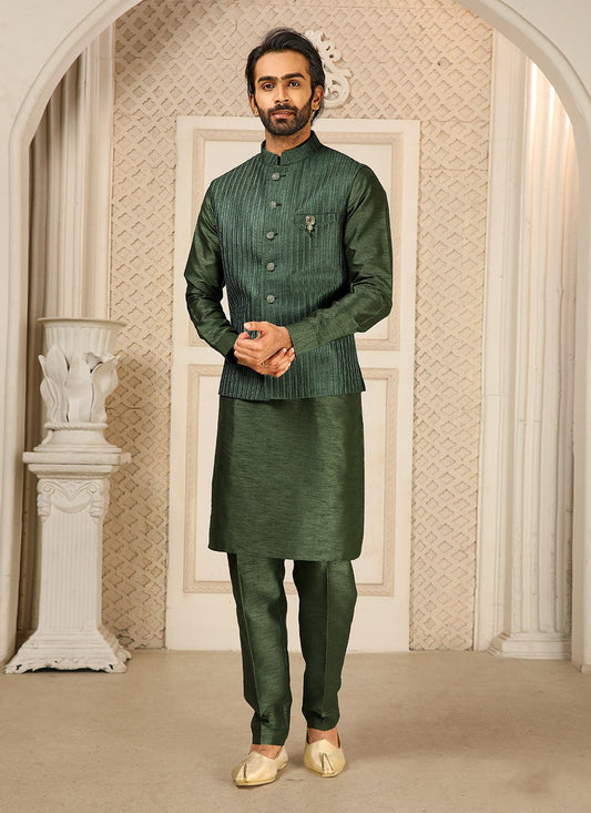 Embroidered Banarasi Silk Green Kurta Payjama With Jacket - M4263