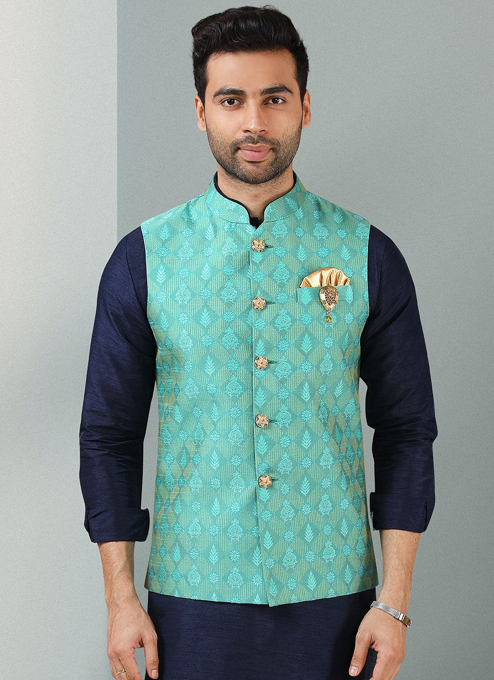 Embroidered Banarasi Silk, Jacquard Blue, Turquoise Kurta Payjama With Jacket - M3130