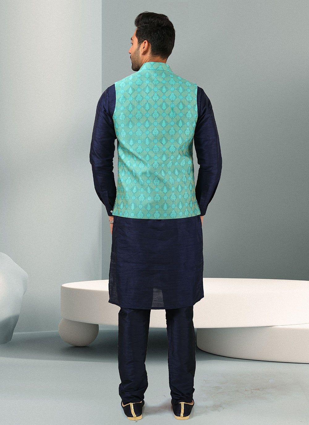 Embroidered Banarasi Silk, Jacquard Blue, Turquoise Kurta Payjama With Jacket - M3130