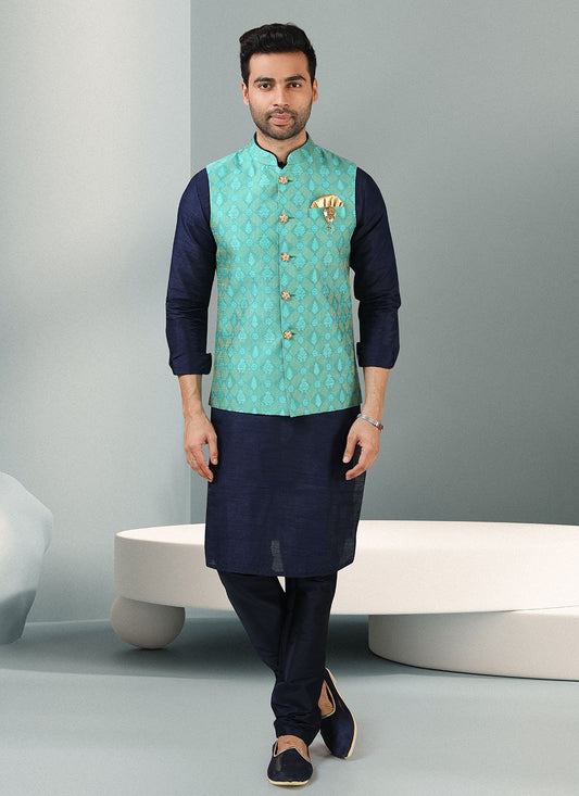 Embroidered Banarasi Silk, Jacquard Blue, Turquoise Kurta Payjama With Jacket - M3130