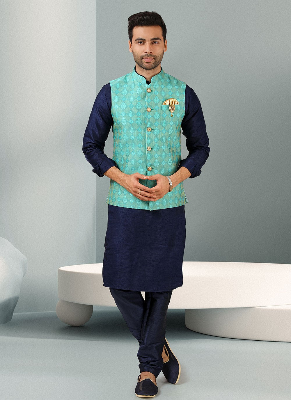 Embroidered Banarasi Silk, Jacquard Blue, Turquoise Kurta Payjama With Jacket - M3130