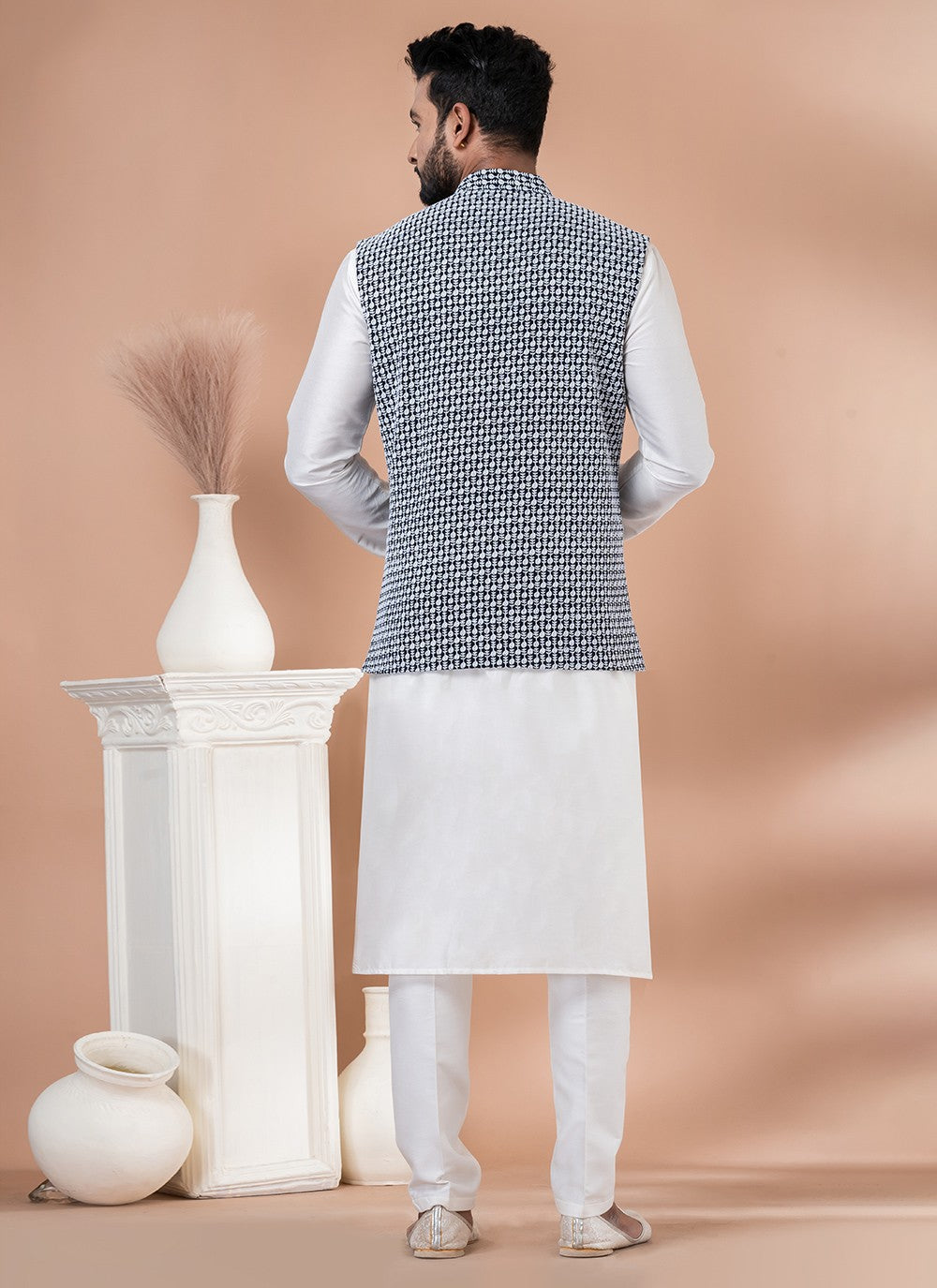 Embroidered Georgette, Viscose Navy Blue, White Kurta Payjama With Jacket - M7743