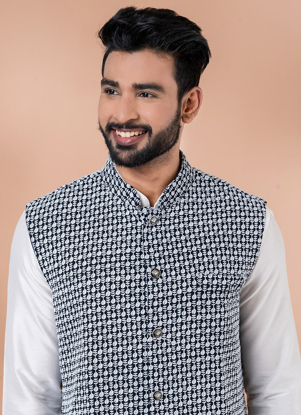 Embroidered Georgette, Viscose Navy Blue, White Kurta Payjama With Jacket - M7743