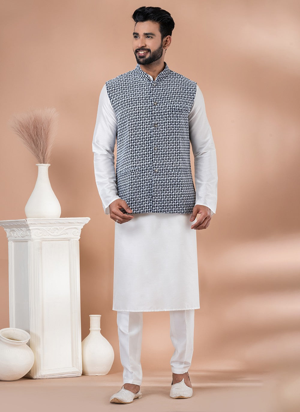 Embroidered Georgette, Viscose Navy Blue, White Kurta Payjama With Jacket - M7743