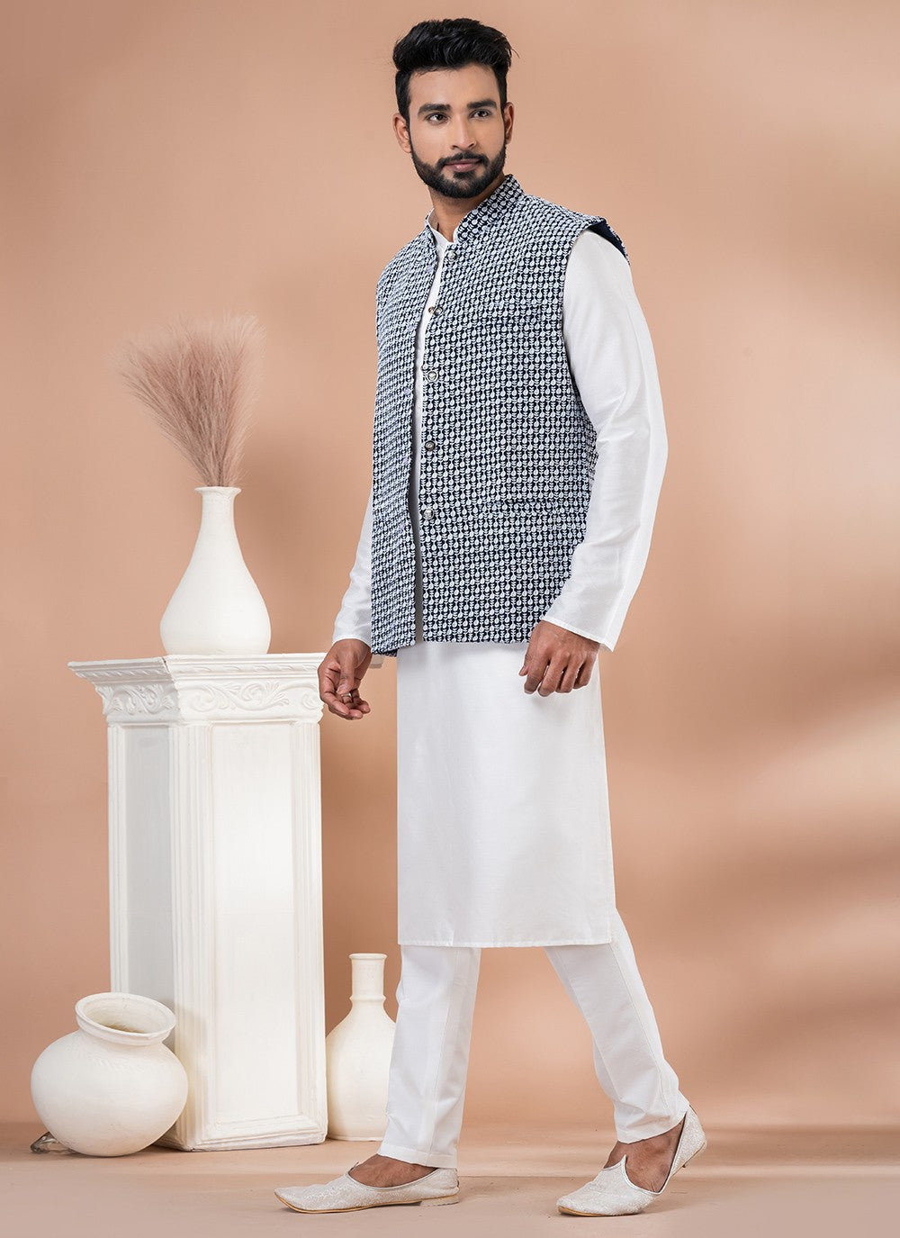 Embroidered Georgette, Viscose Navy Blue, White Kurta Payjama With Jacket - M7743