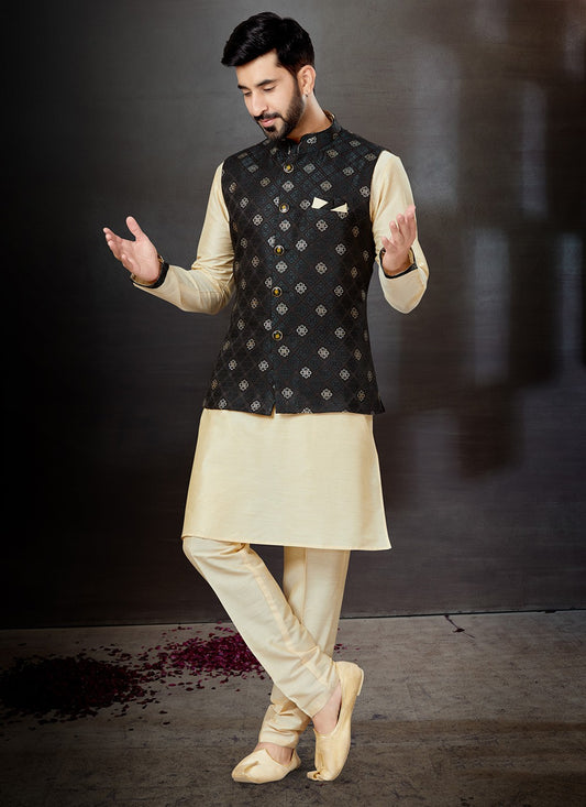 Embroidered Dupion Silk, Jacquard Black, Cream Kurta Payjama With Jacket - M4770