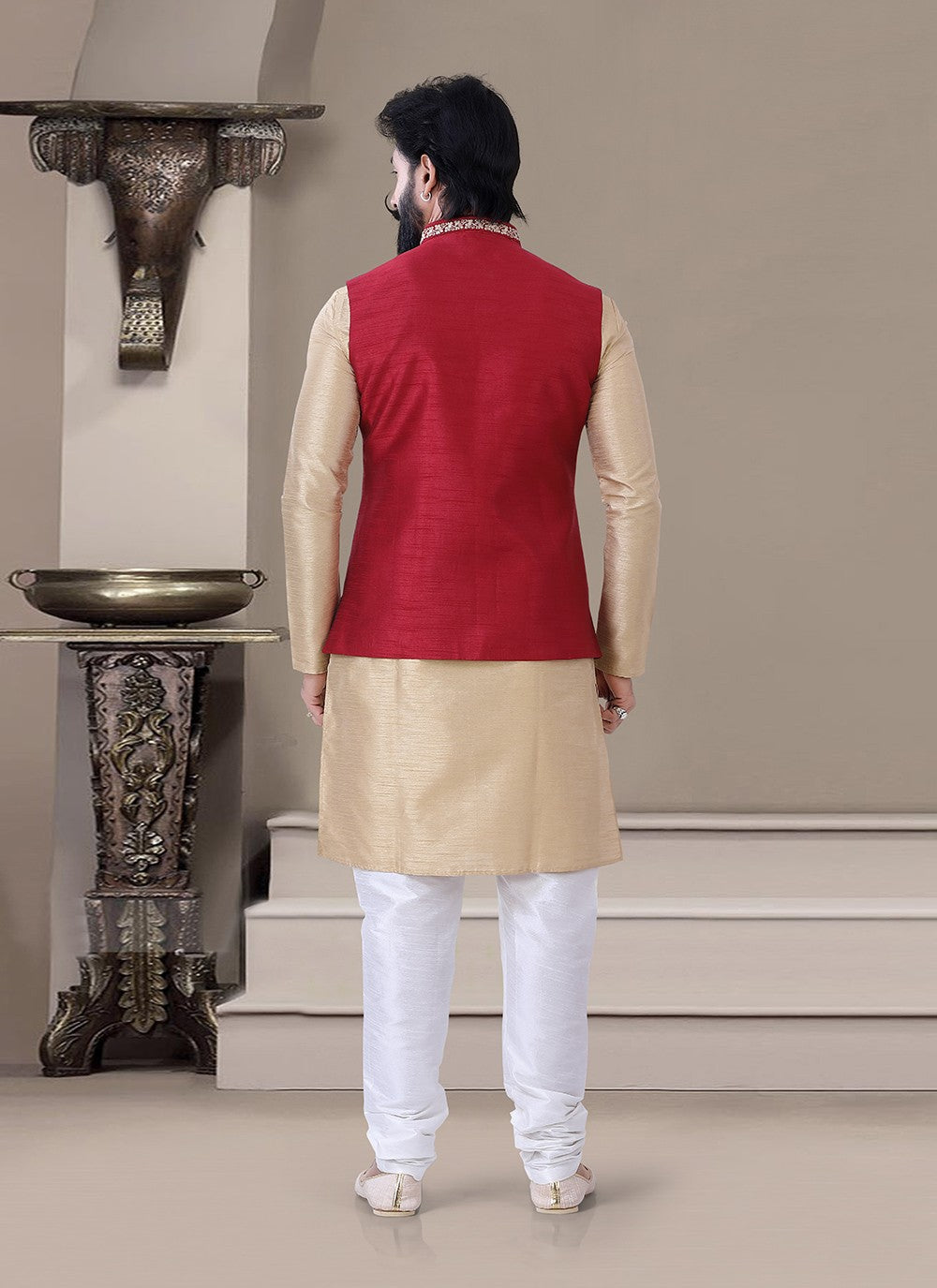 Embroidered Silk Beige, Red Kurta Payjama With Jacket - M3447