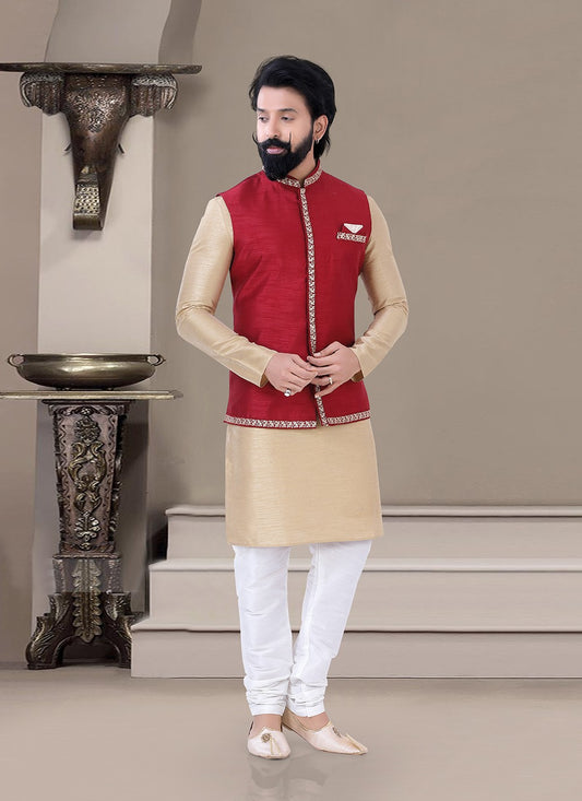 Embroidered Silk Beige, Red Kurta Payjama With Jacket - M3447