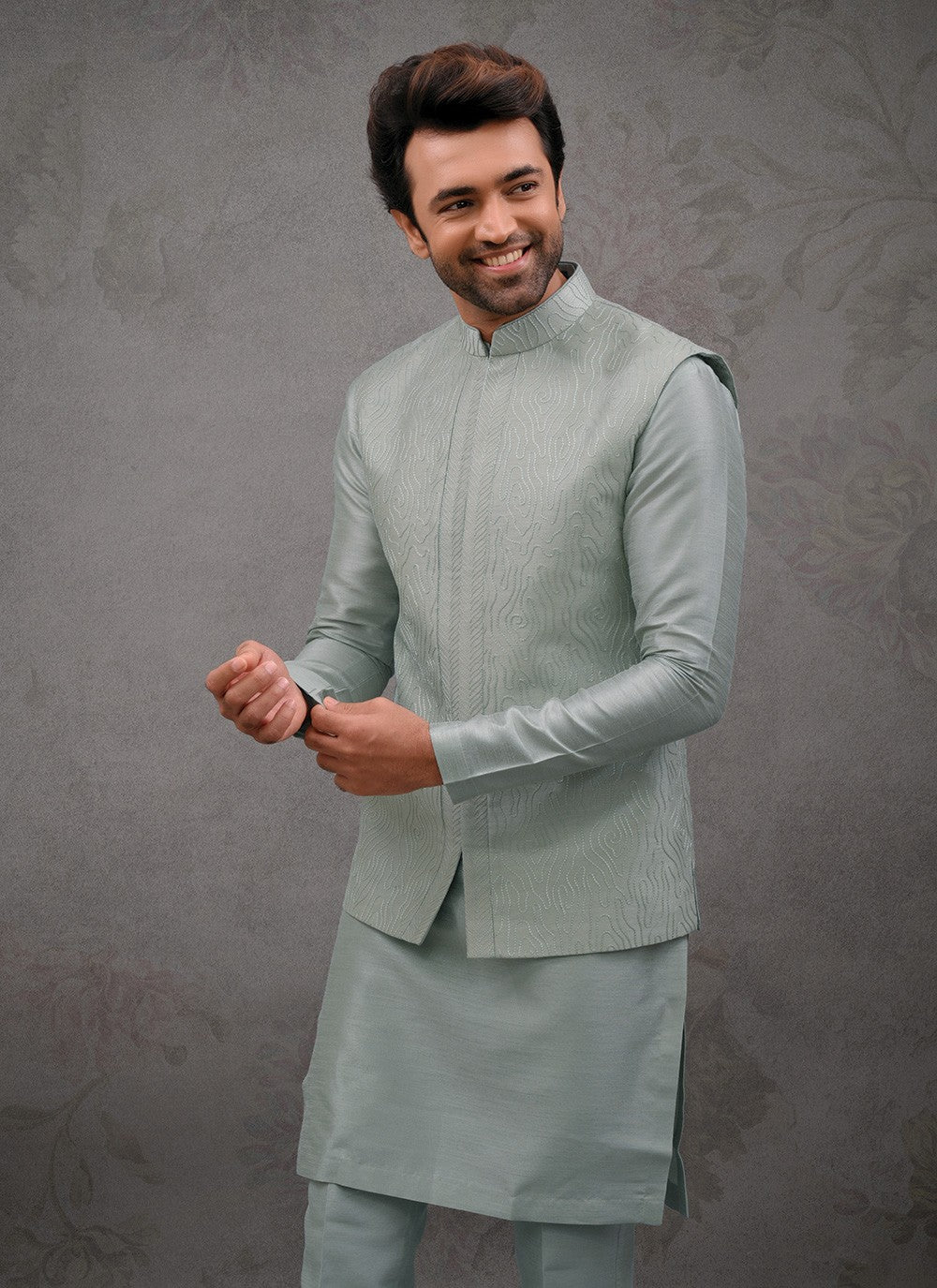 Embroidered Silk Sea Green Kurta Payjama With Jacket - M8460