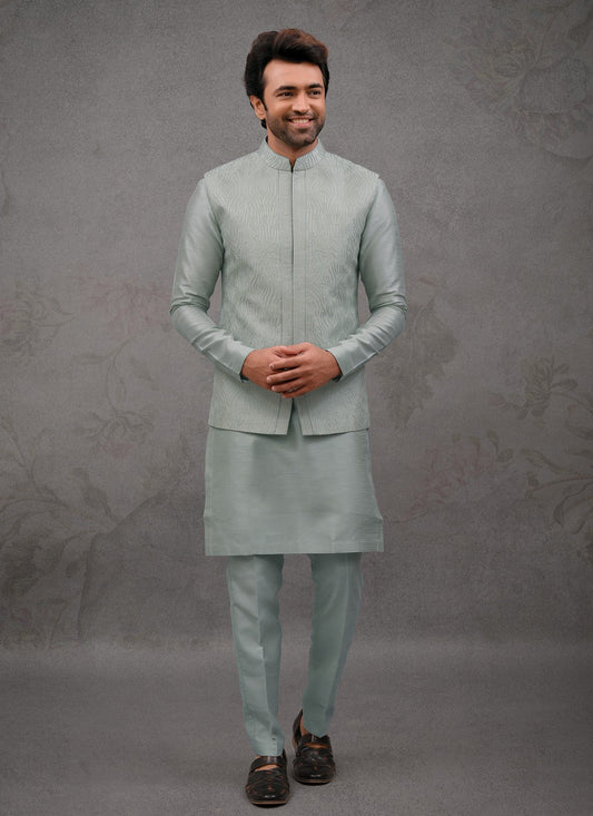 Embroidered Silk Sea Green Kurta Payjama With Jacket - M8460