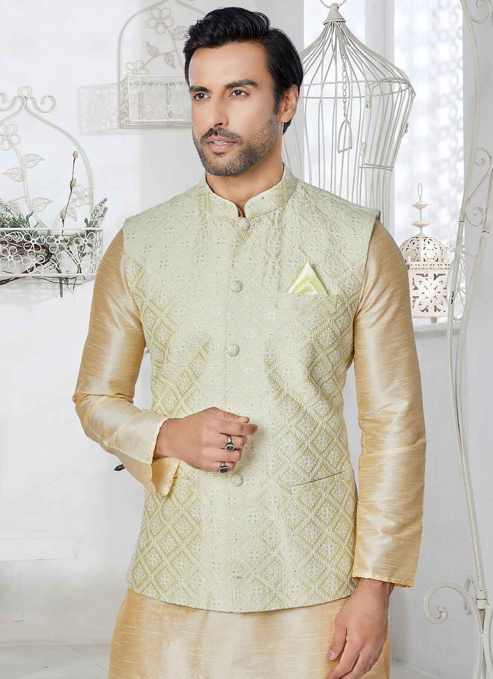 Fancy Work Banarasi Silk Cream, Green Kurta Payjama With Jacket - M5333