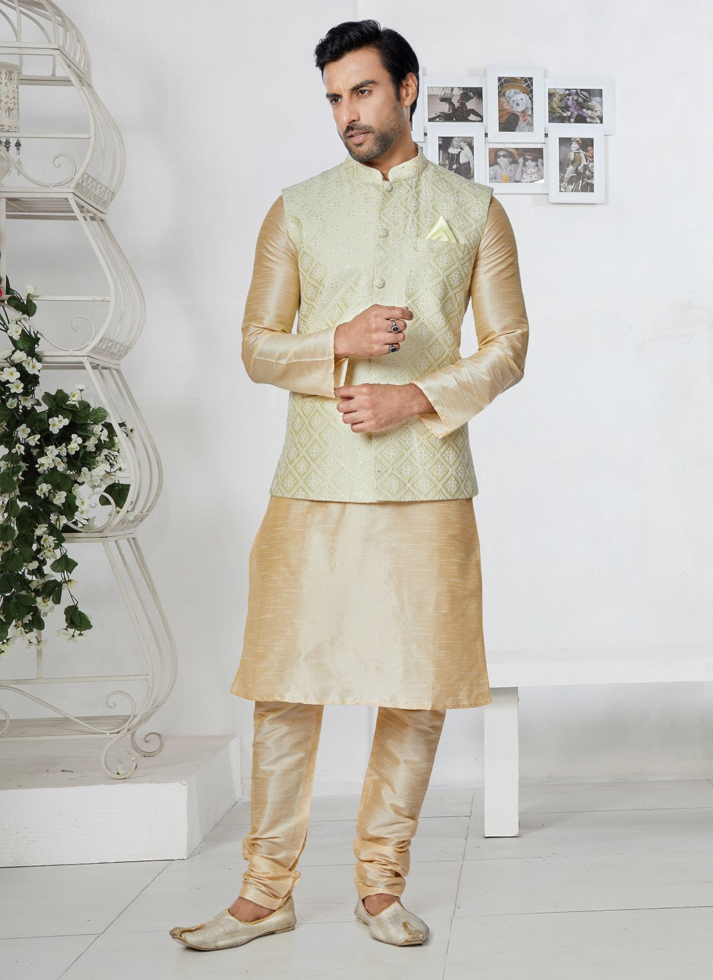 Fancy Work Banarasi Silk Cream, Green Kurta Payjama With Jacket - M5333