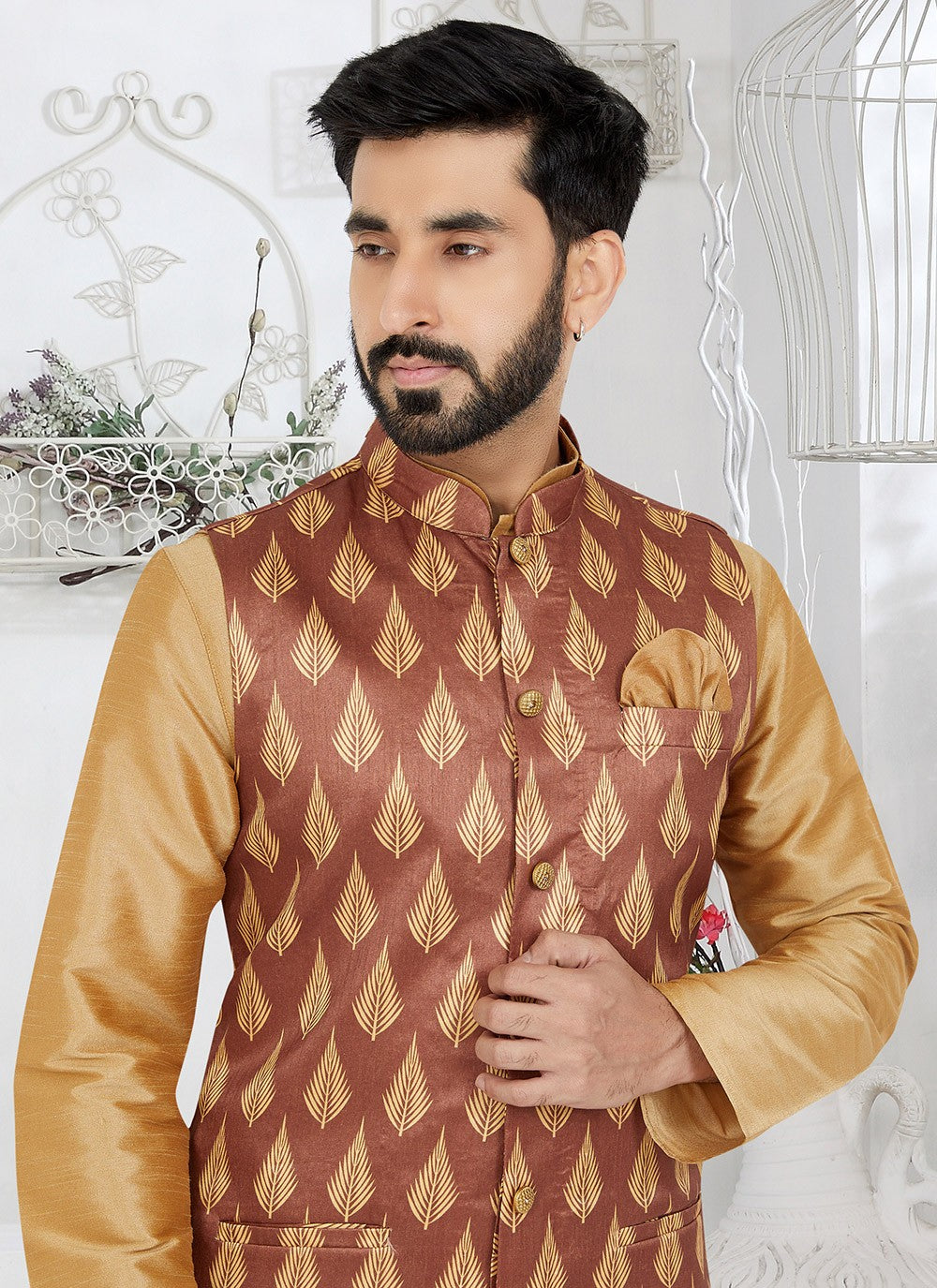 Fancy Work Dupion Silk Beige, Brown Kurta Payjama With Jacket - M5489