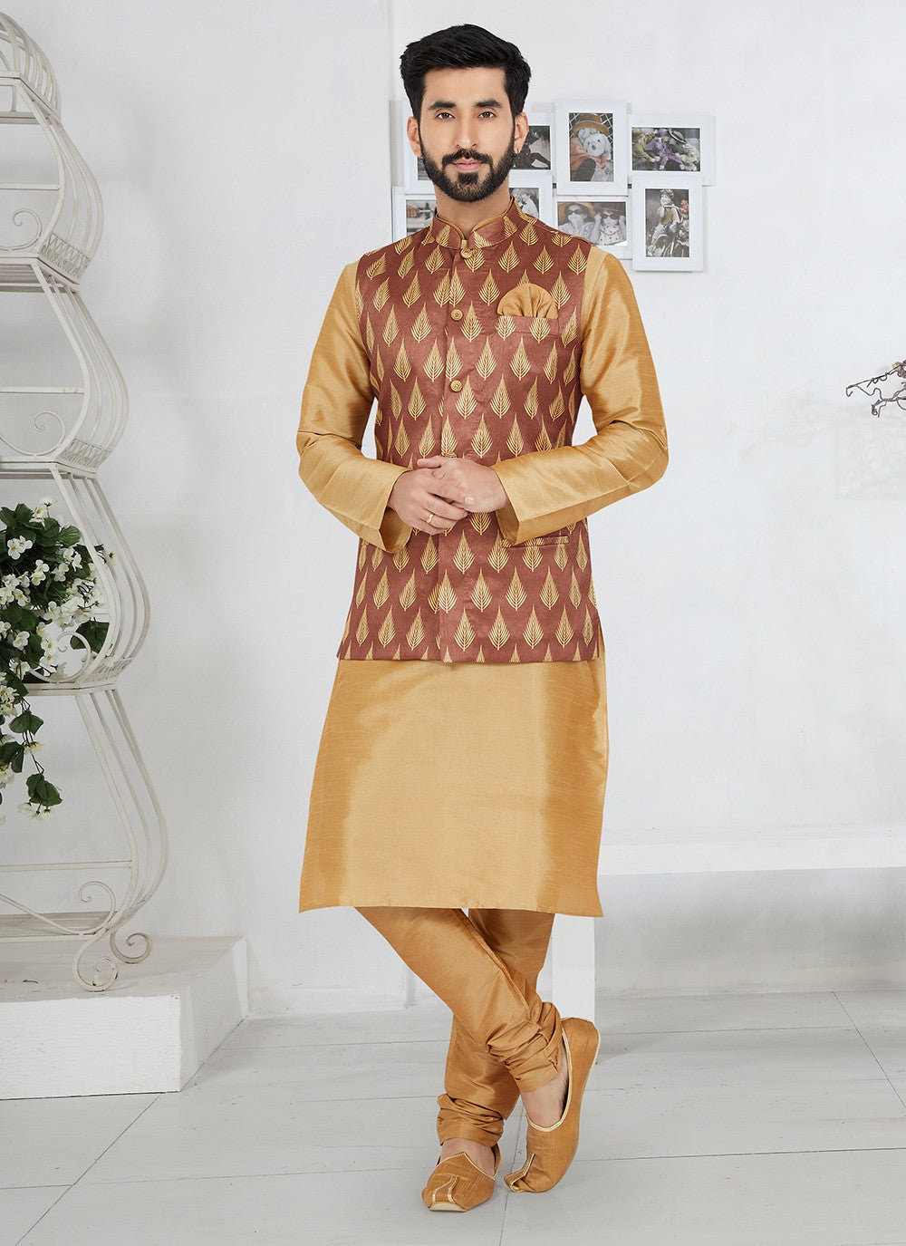 Fancy Work Dupion Silk Beige, Brown Kurta Payjama With Jacket - M5489