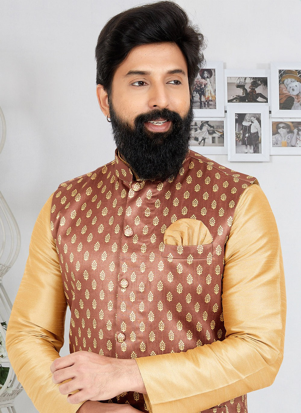 Fancy Work Dupion Silk Beige, Brown Kurta Payjama With Jacket - M5502