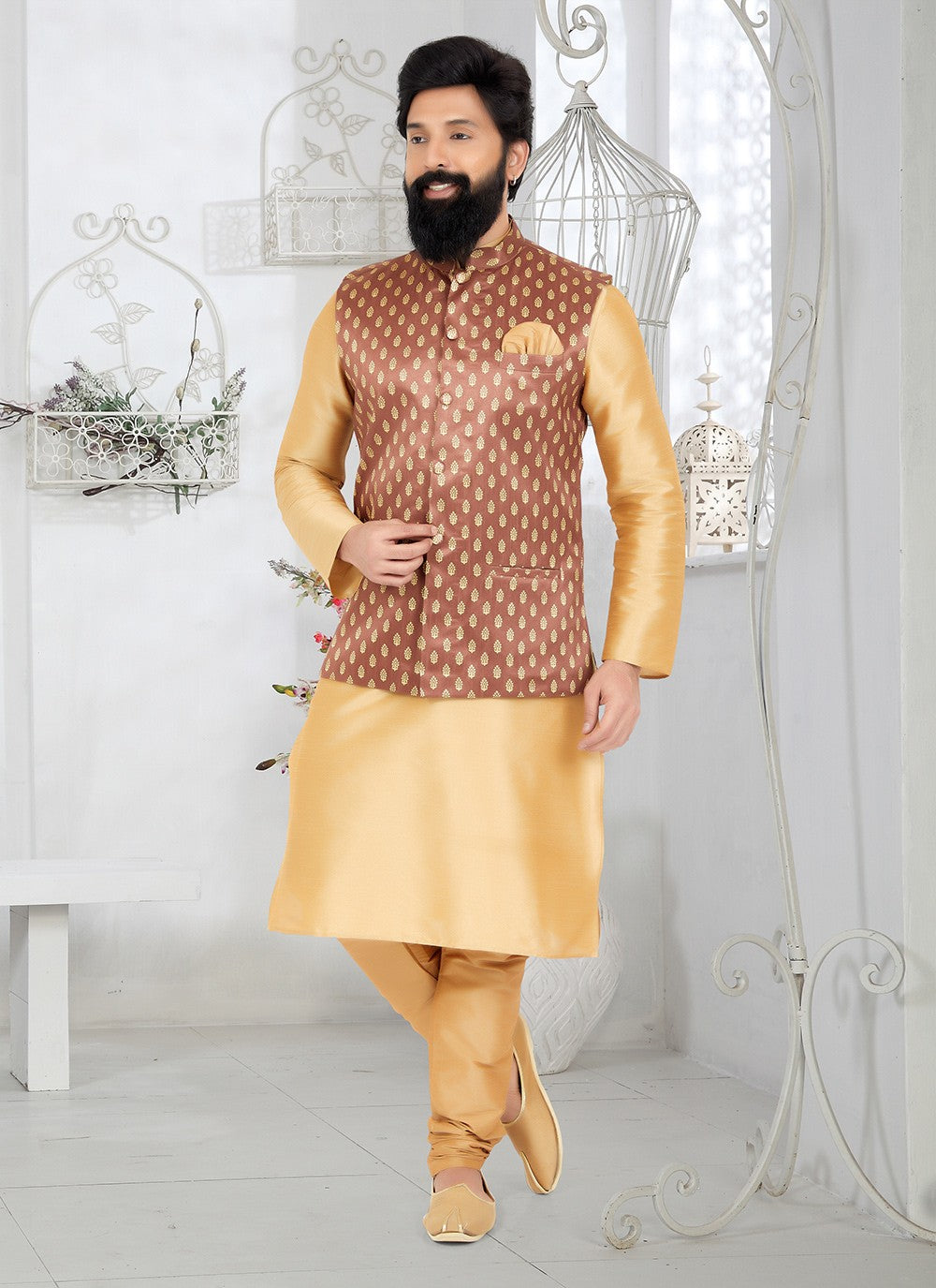 Fancy Work Dupion Silk Beige, Brown Kurta Payjama With Jacket - M5502