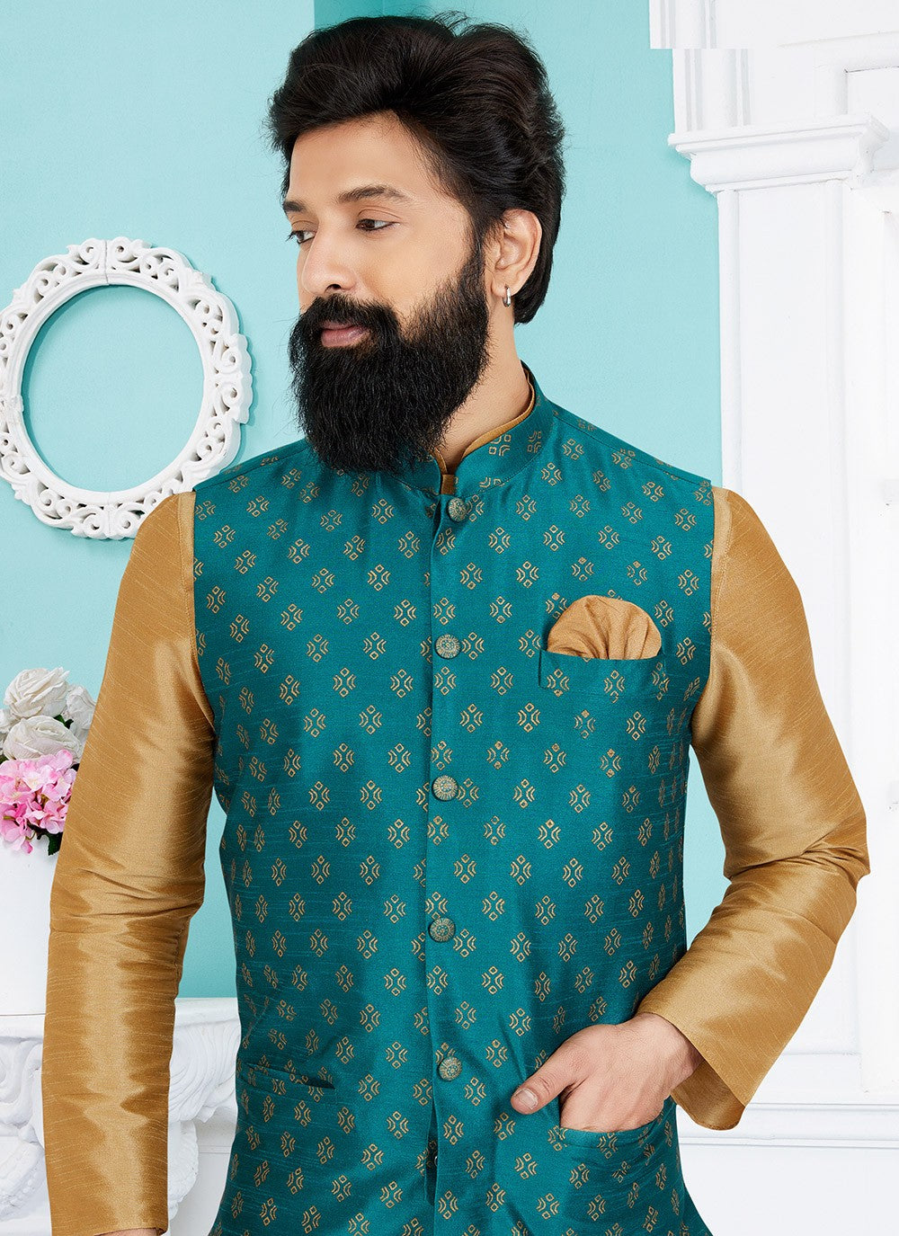 Fancy Work Dupion Silk Beige, Green Kurta Payjama With Jacket - M5494