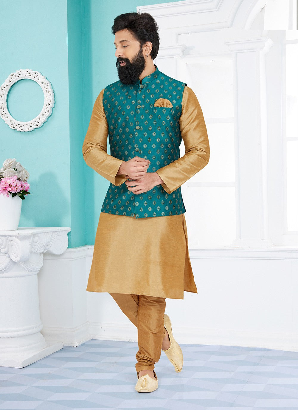 Fancy Work Dupion Silk Beige, Green Kurta Payjama With Jacket - M5494