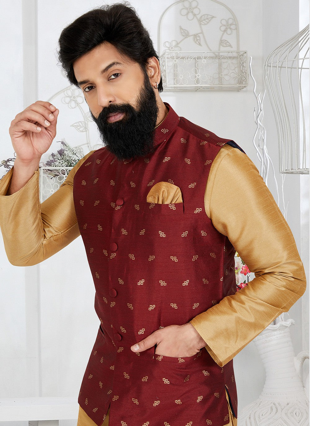 Fancy Work Dupion Silk Beige, Maroon Kurta Payjama With Jacket - M5485