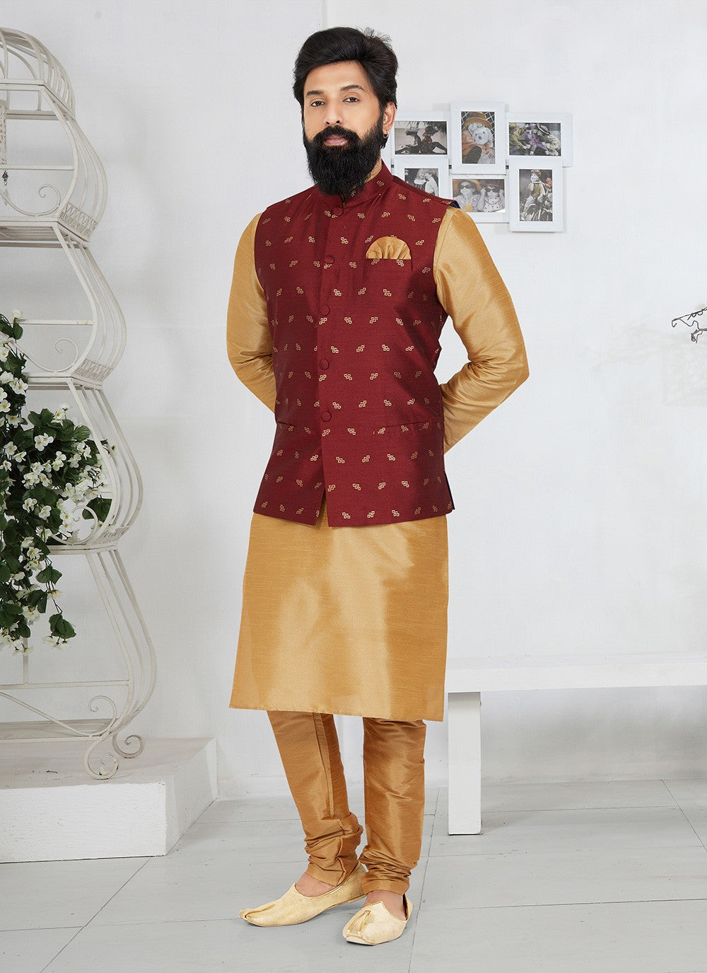 Fancy Work Dupion Silk Beige, Maroon Kurta Payjama With Jacket - M5485