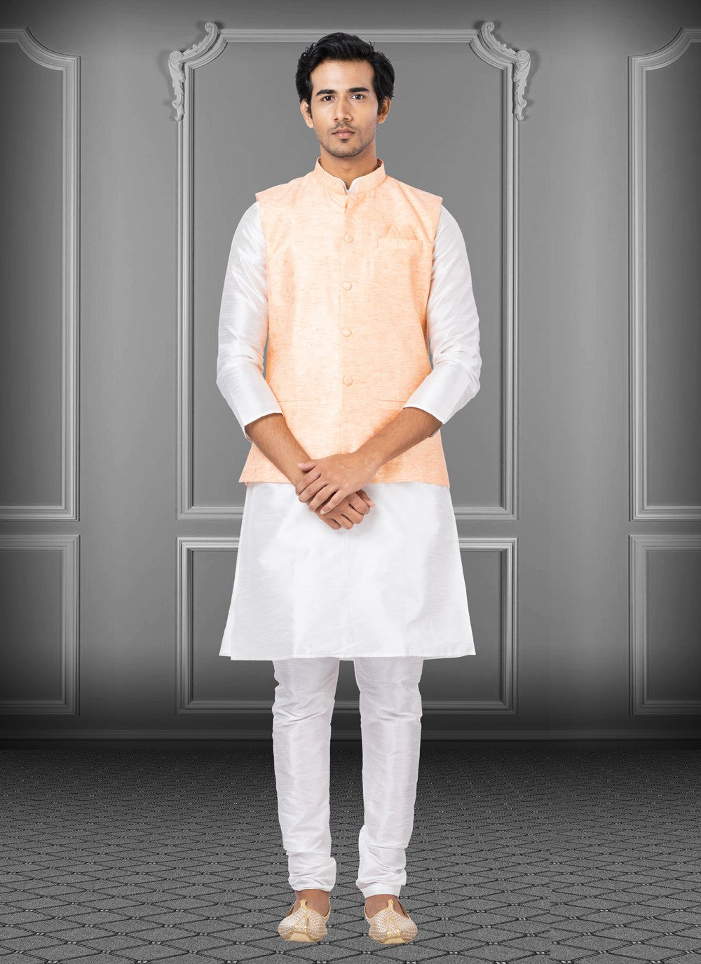 Fancy Work Dupion Silk, Linen Off White, Peach Kurta Payjama With Jacket - M3767