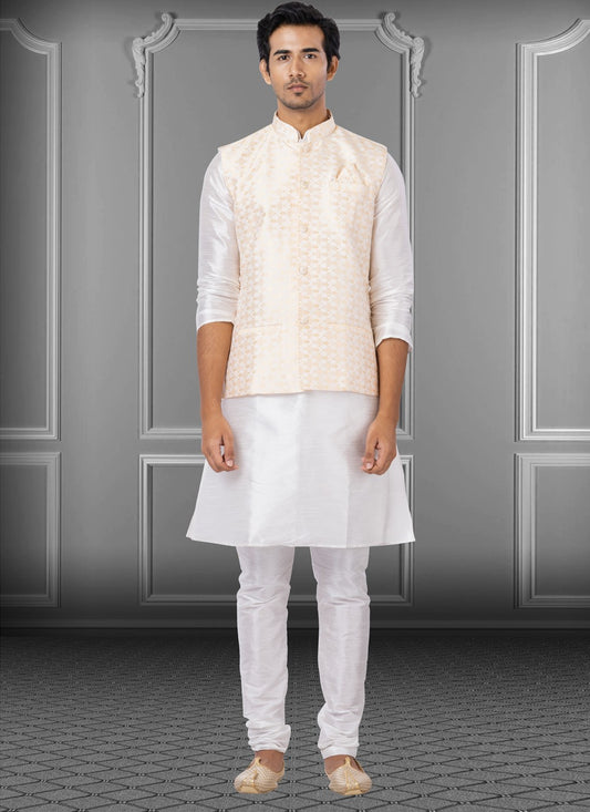 Fancy Work Dupion Silk, Jacquard Silk Off White, Peach Kurta Payjama With Jacket - M3778