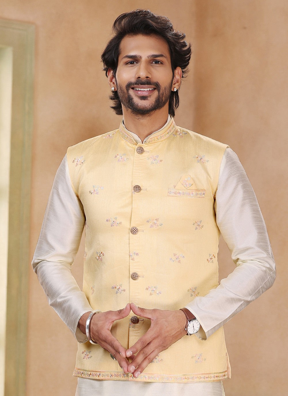 Fancy Work Jacquard Silk Cream, Yellow Kurta Payjama With Jacket - M5193