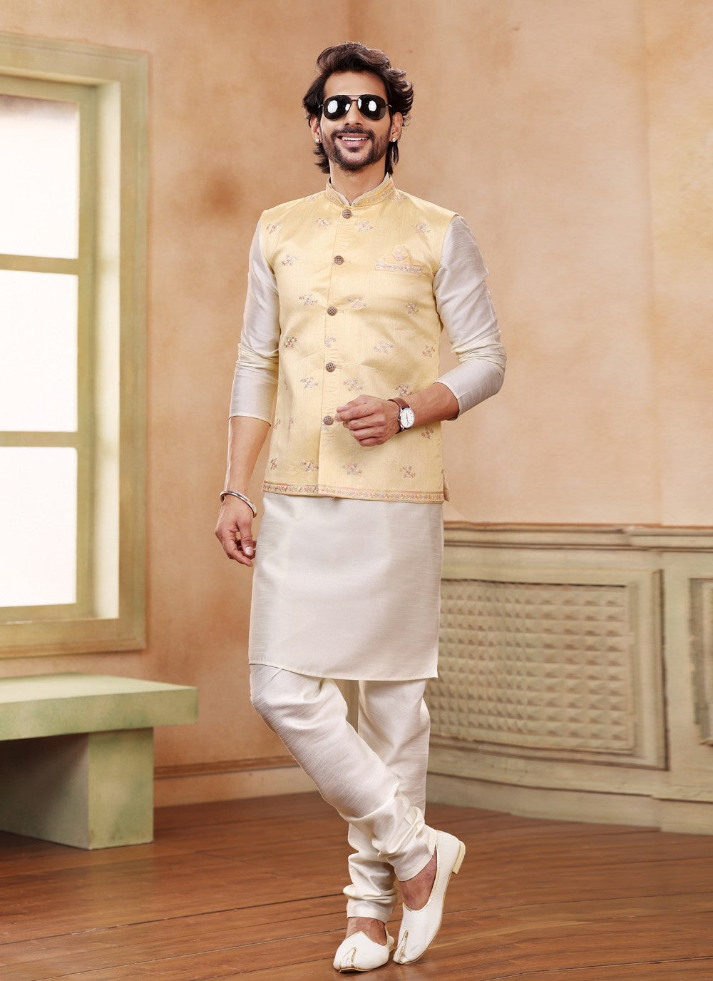 Fancy Work Jacquard Silk Cream, Yellow Kurta Payjama With Jacket - M5193