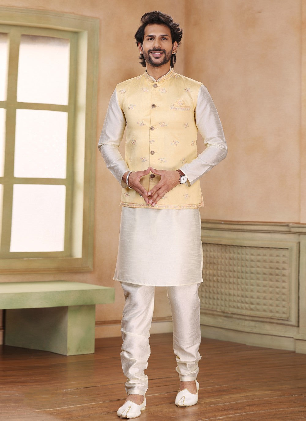 Fancy Work Jacquard Silk Cream, Yellow Kurta Payjama With Jacket - M5193