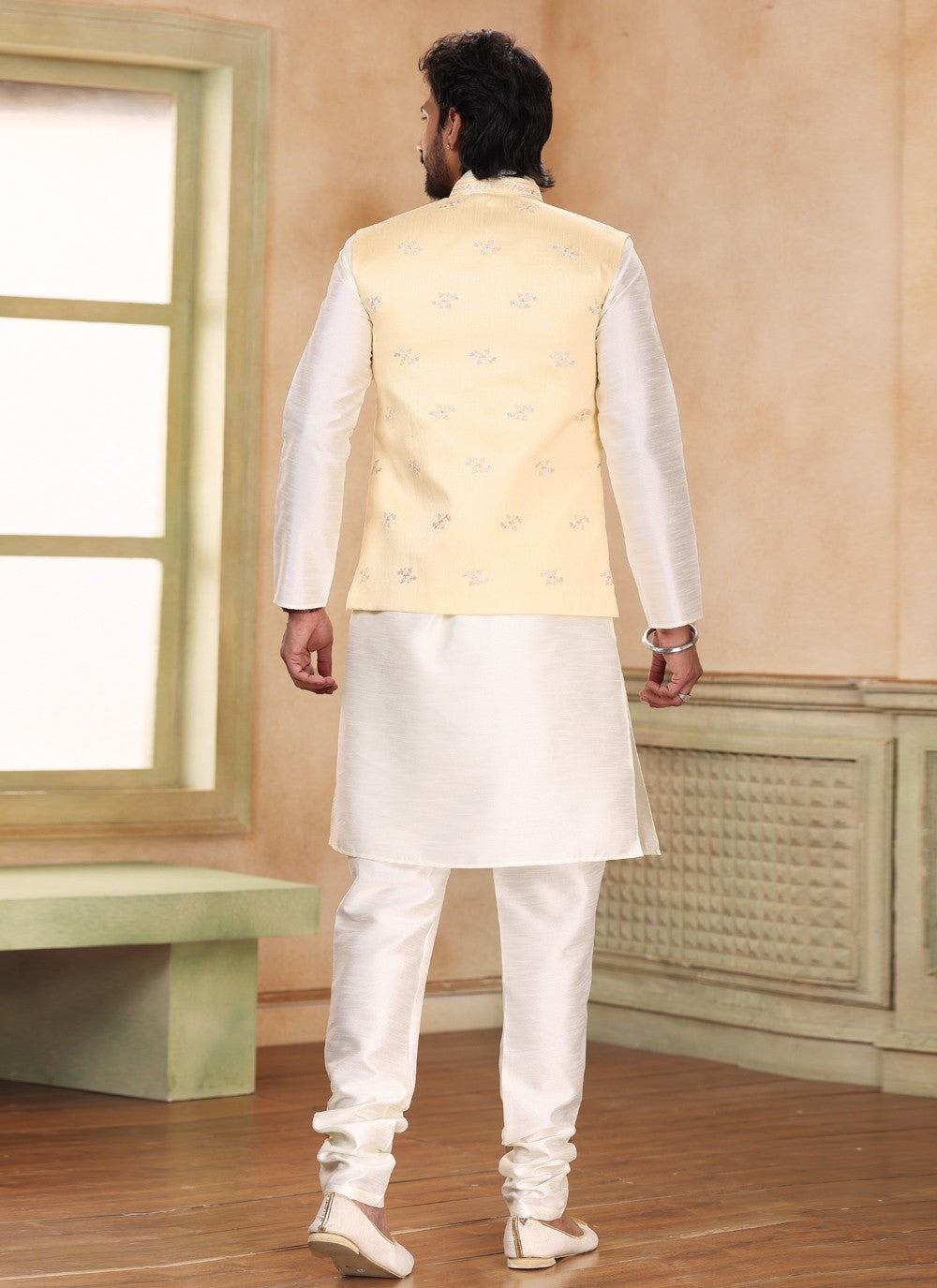 Fancy Work Jacquard Silk Cream, Yellow Kurta Payjama With Jacket - M5193