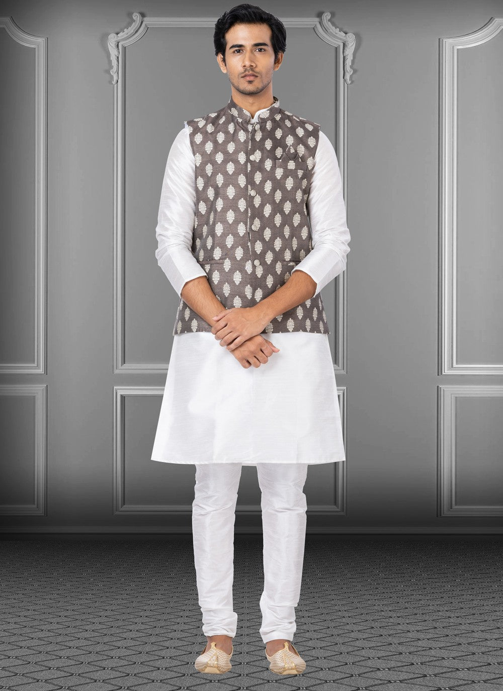 Fancy Work Dupion Silk, Jacquard Silk Grey, Off White Kurta Payjama With Jacket - M3769