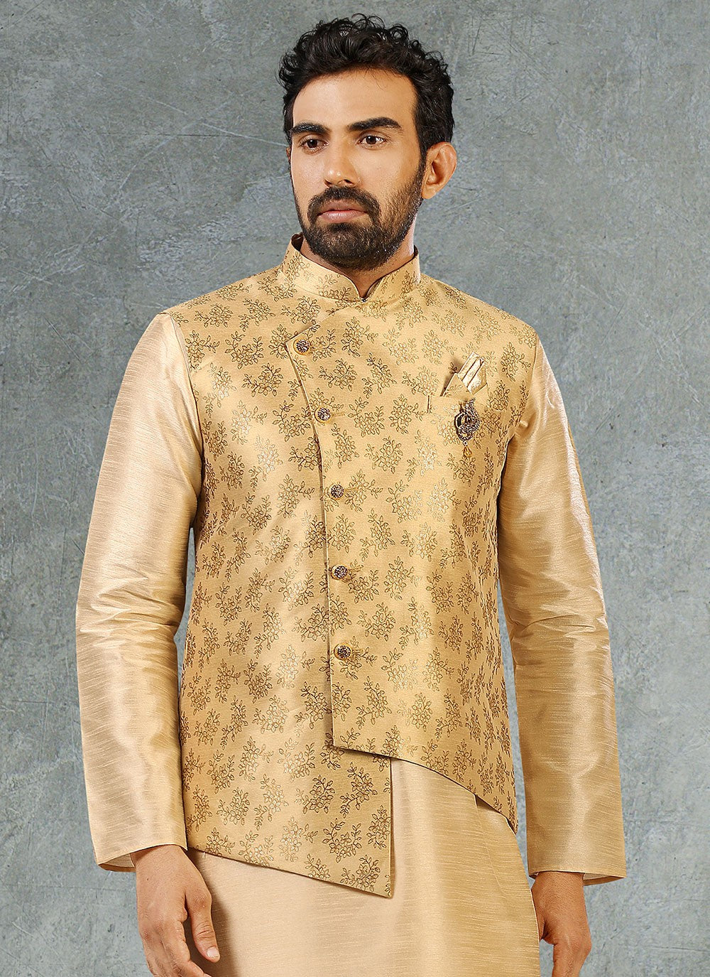 Jacquard Work Banarasi Silk, Jacquard Beige, Gold Kurta Payjama With Jacket - M2352