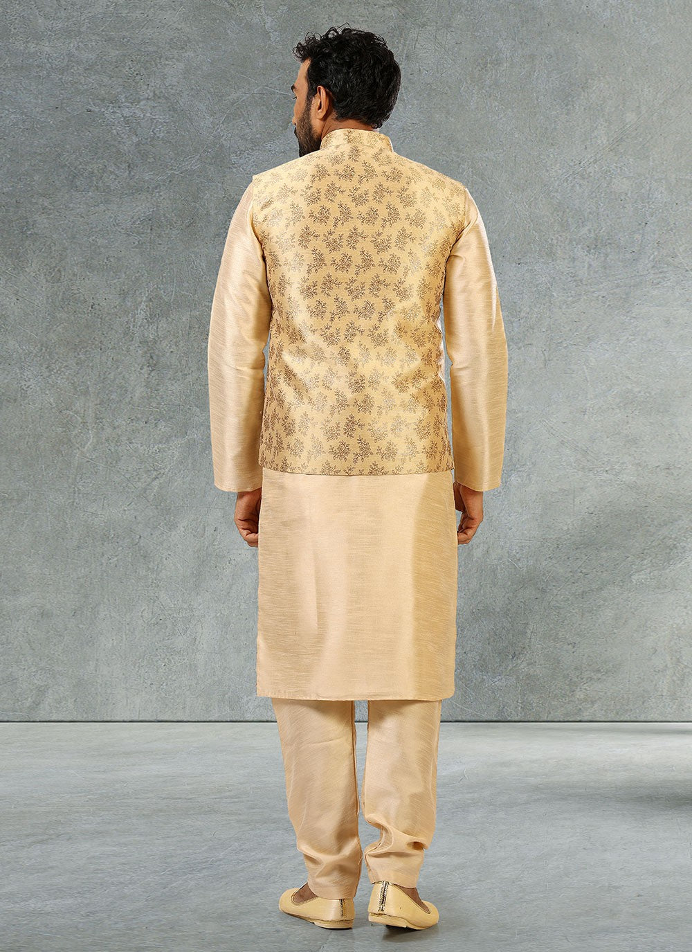 Jacquard Work Banarasi Silk, Jacquard Beige, Gold Kurta Payjama With Jacket - M2352