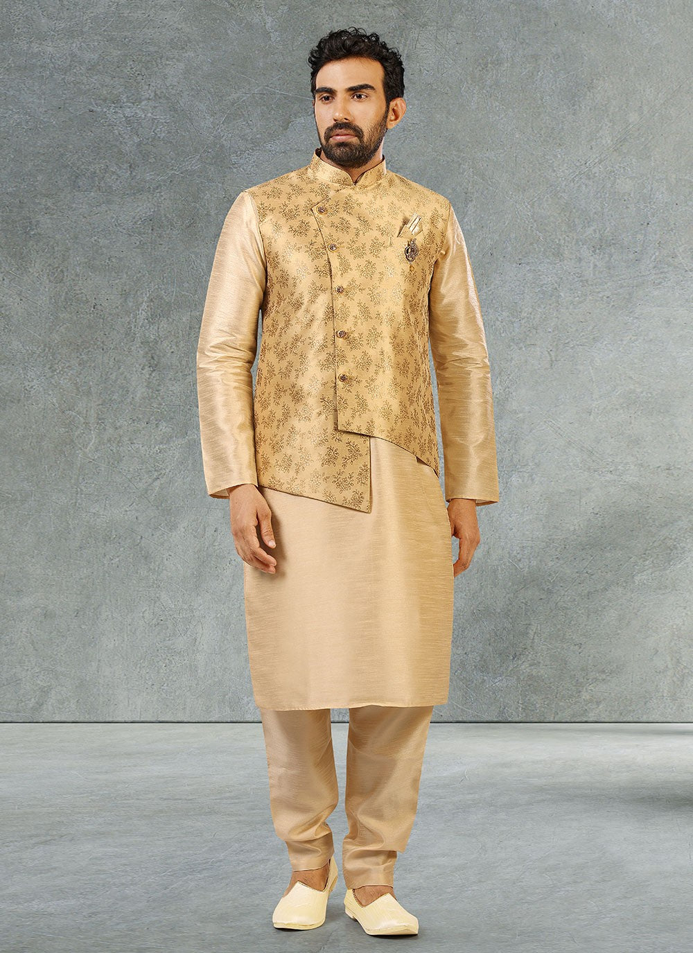 Jacquard Work Banarasi Silk, Jacquard Beige, Gold Kurta Payjama With Jacket - M2352